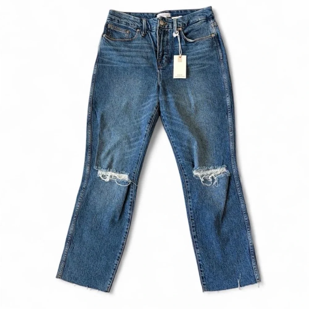 Good American Good Curve Straight Leg Blue Distressed Jeans